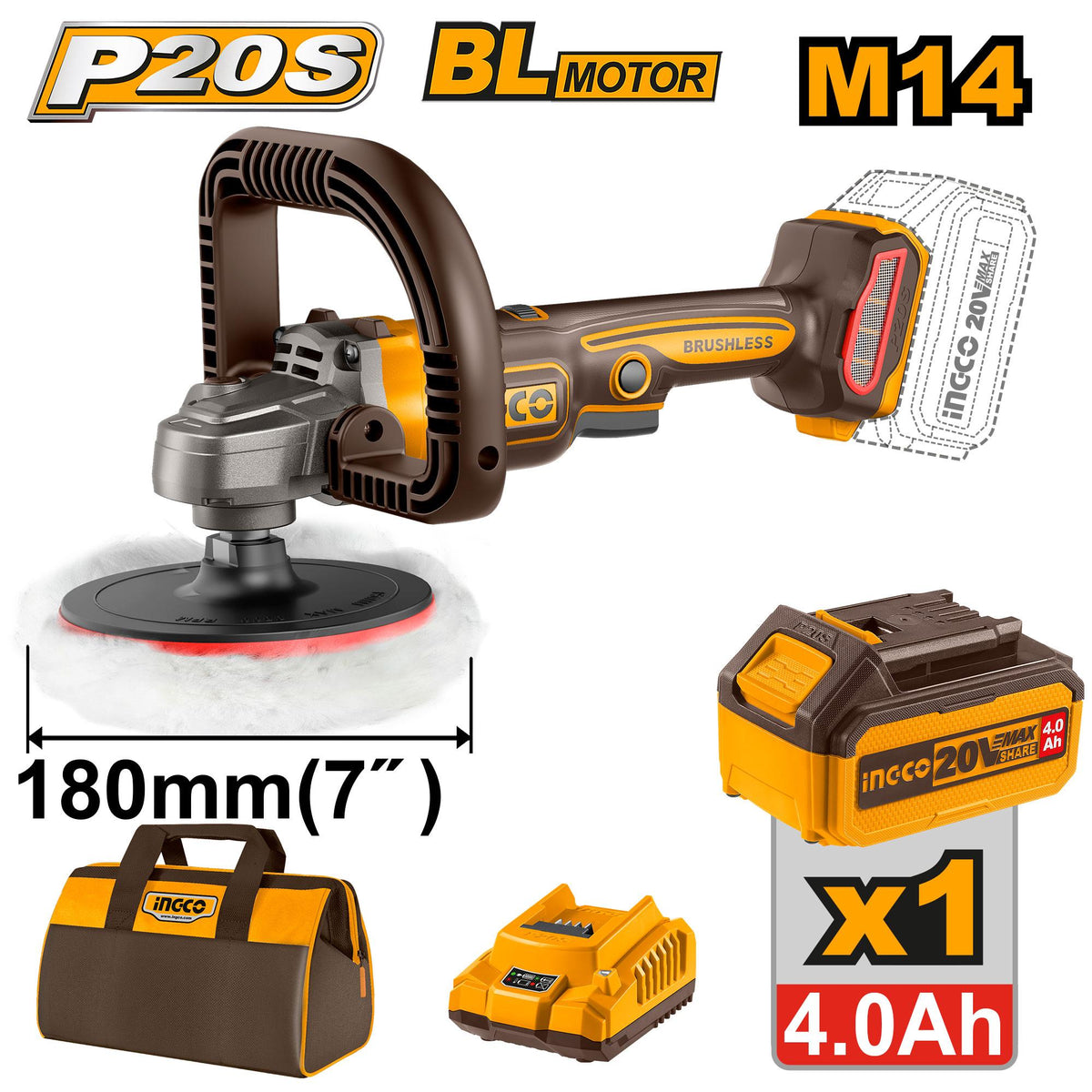 INGCO POLISSEUSE SANS FIL  20V 180MM 1BATTERIE 4.0AH+CHARGEUR AU MAROC [APLI20151]