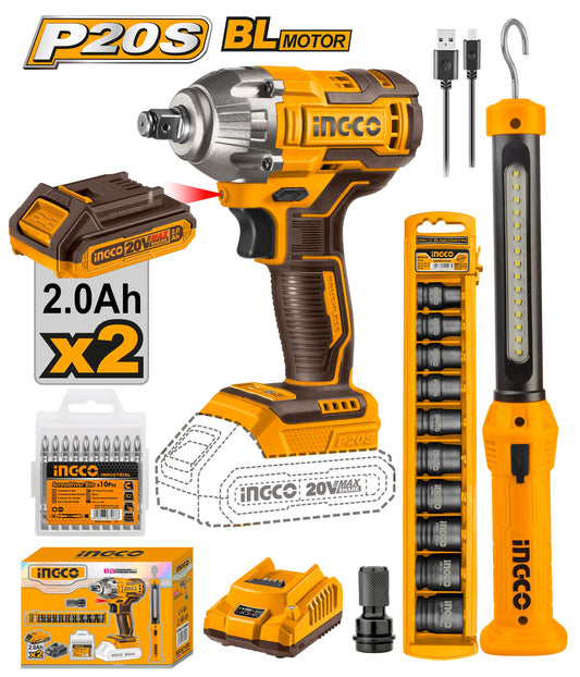 INGCO PACK BOULONNEUSE A CHOC 300NM SANS CHARBONS 20V AU MAROC [COSLI23011]