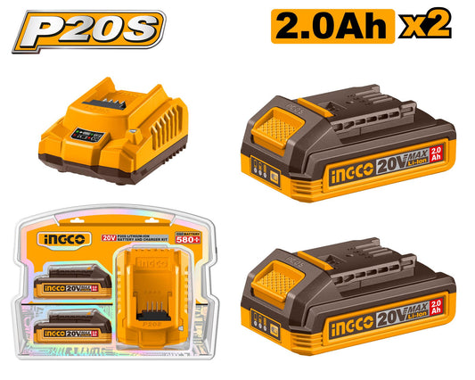 INGCO PACK 2 BATTERIES 20V 2AH + CHARGEUR RAPIDE SI AU MAROC [FBCPK1222]